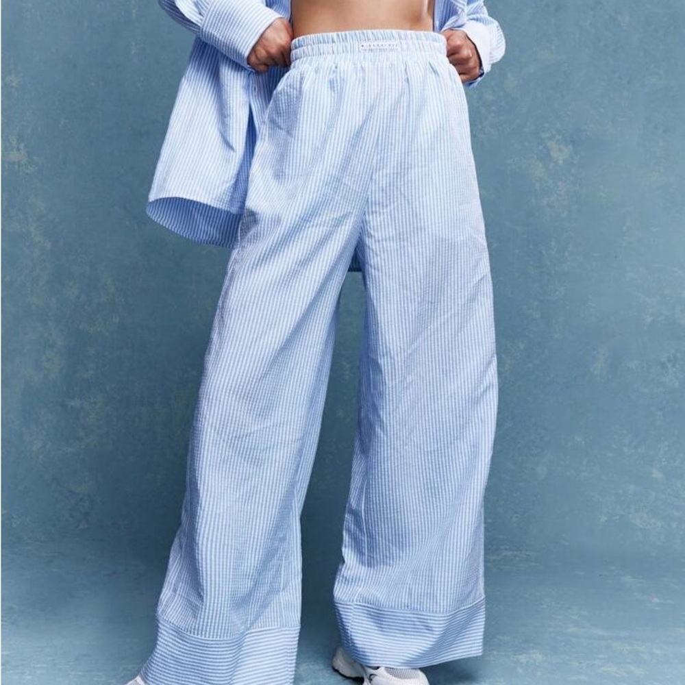 MISSGUIDED Trendy Logo Label Striped Wide Leg Pants Office Wear - Picture 6 of 8